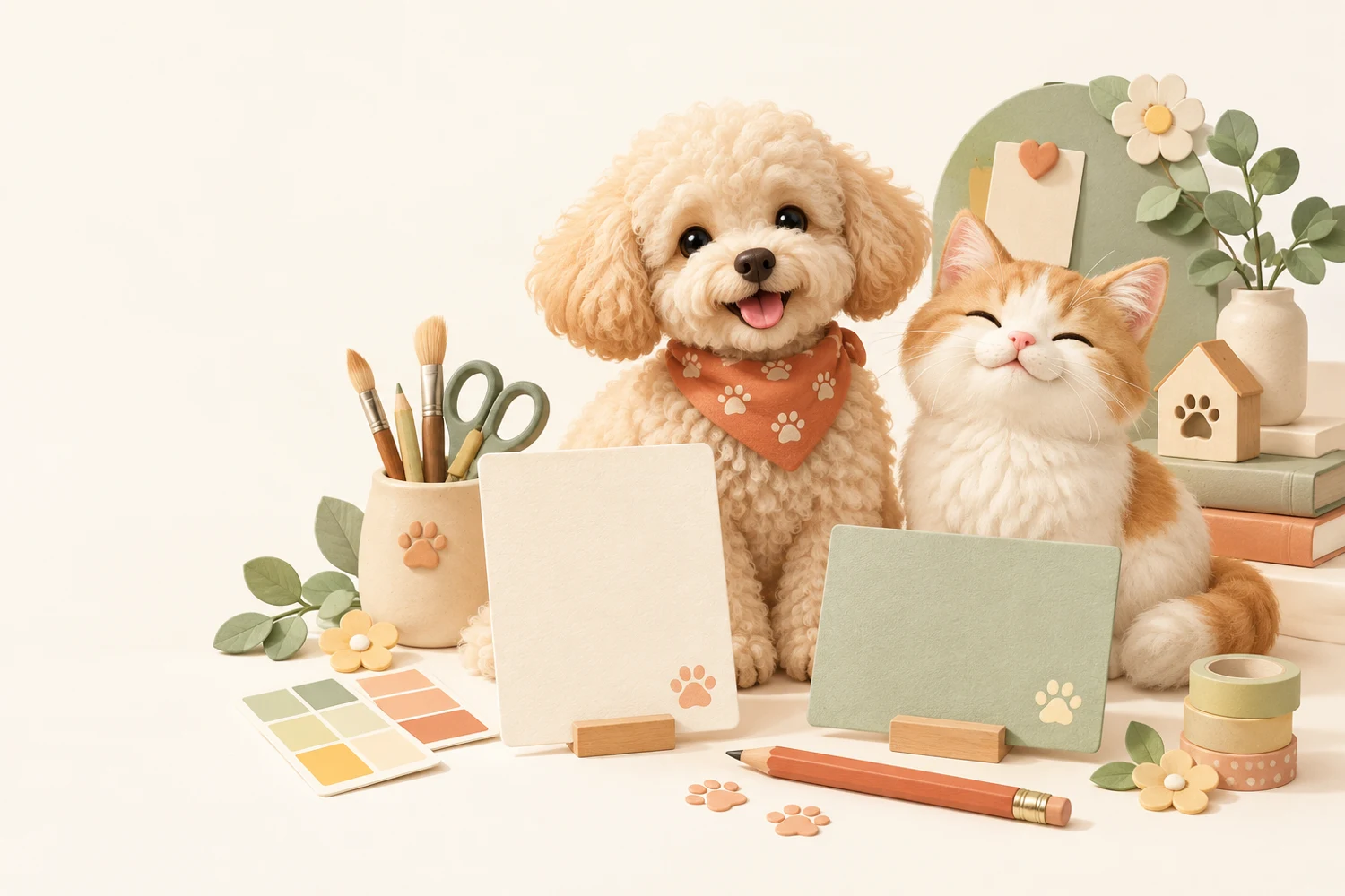 小狗和猫咪在温暖的手作设计工作室里